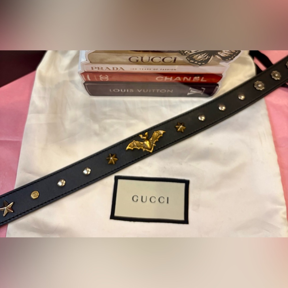 GUCCI Black Leather Double G Buckle Studded Belt Accents and Bat Detail🔥 EUC!! - Picture 16 of 16